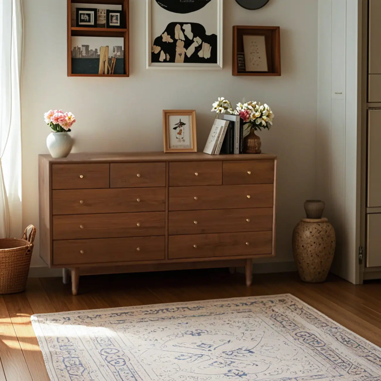 Elegant Cherry Wood Double Dresser with 5-Drawers for Bedroom