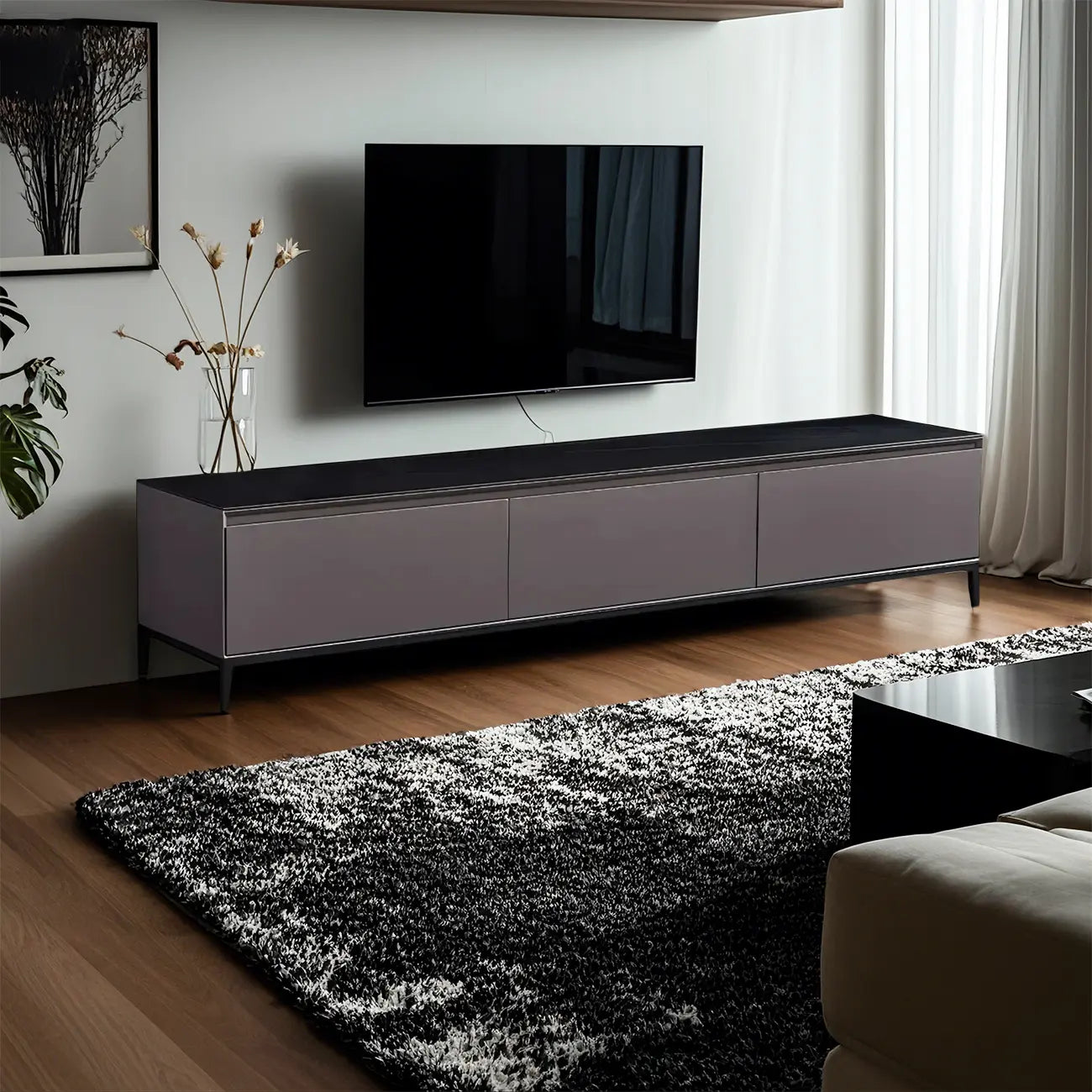 71 Living Room Black Marble Top Enclosed Storage TV Stand