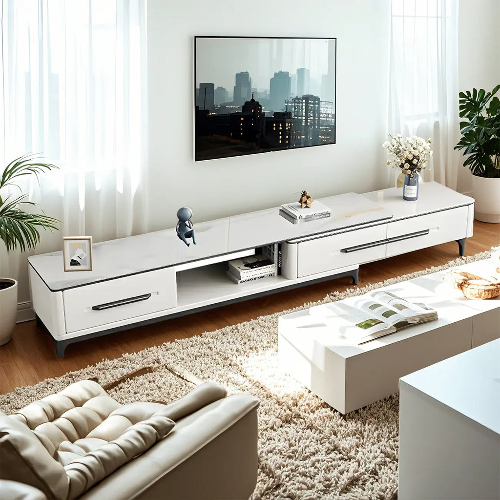 67 White Modern Stone Open Storage TV Stand with Drawers