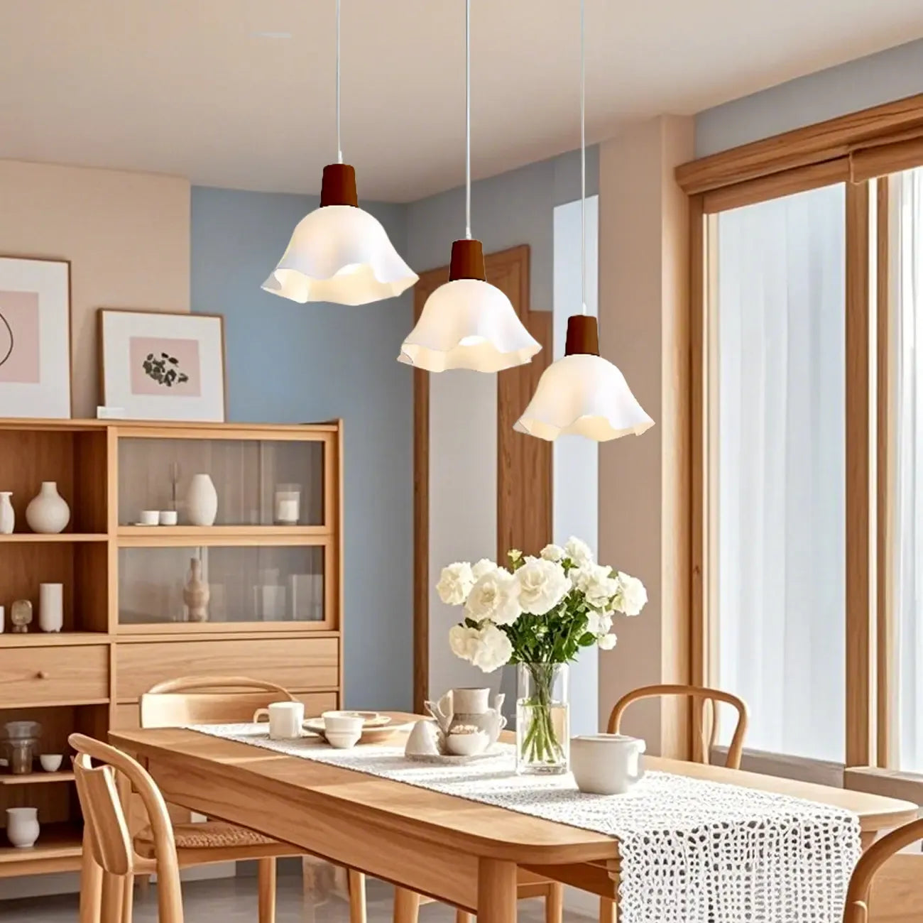 3 Lights Elegant Wooden Island Light with Acrylic Flower Shade