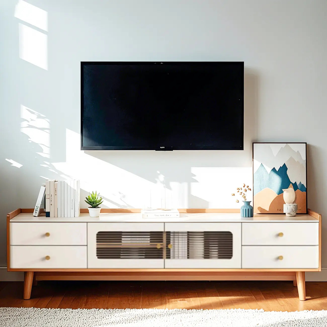 63 Contemporary White Wood Cabinet TV Stand with Glass Doors