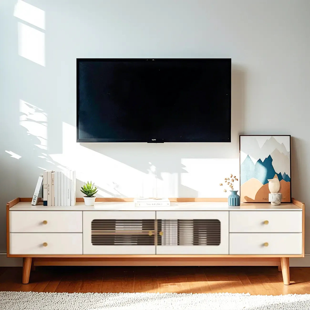 63 Contemporary White Wood Cabinet TV Stand with Glass Doors