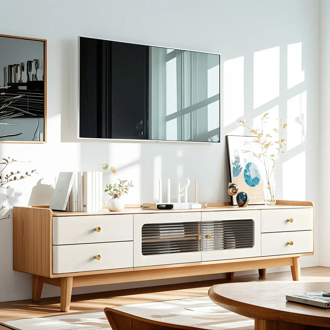63 Contemporary White Wood Cabinet TV Stand with Glass Doors