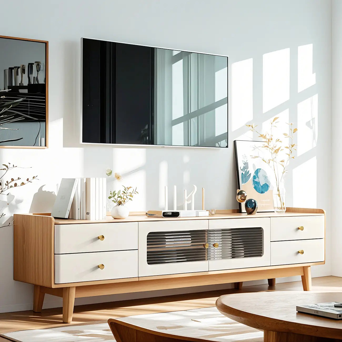 63 Contemporary White Wood Cabinet TV Stand with Glass Doors