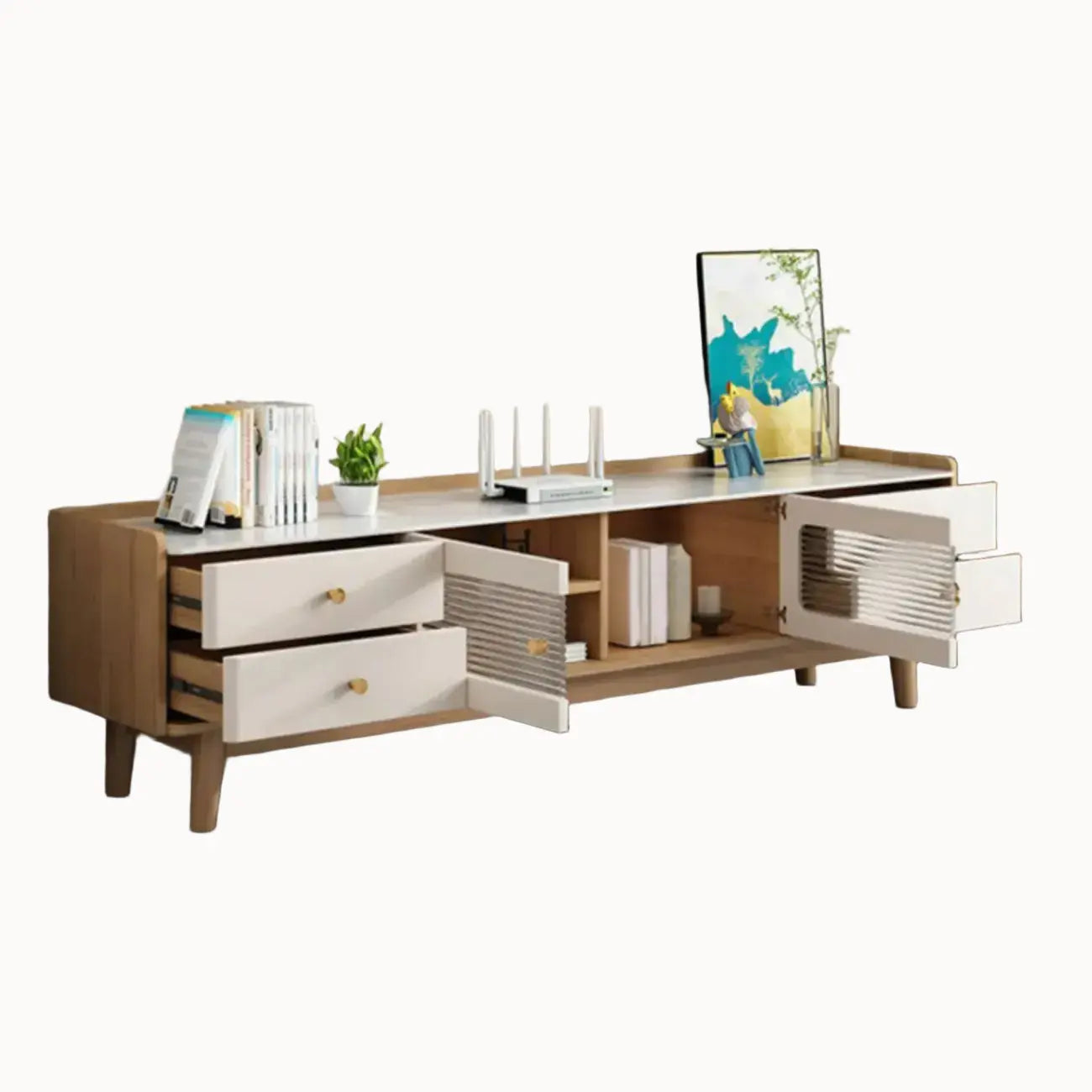 63 Contemporary White Wood Cabinet TV Stand with Glass Doors