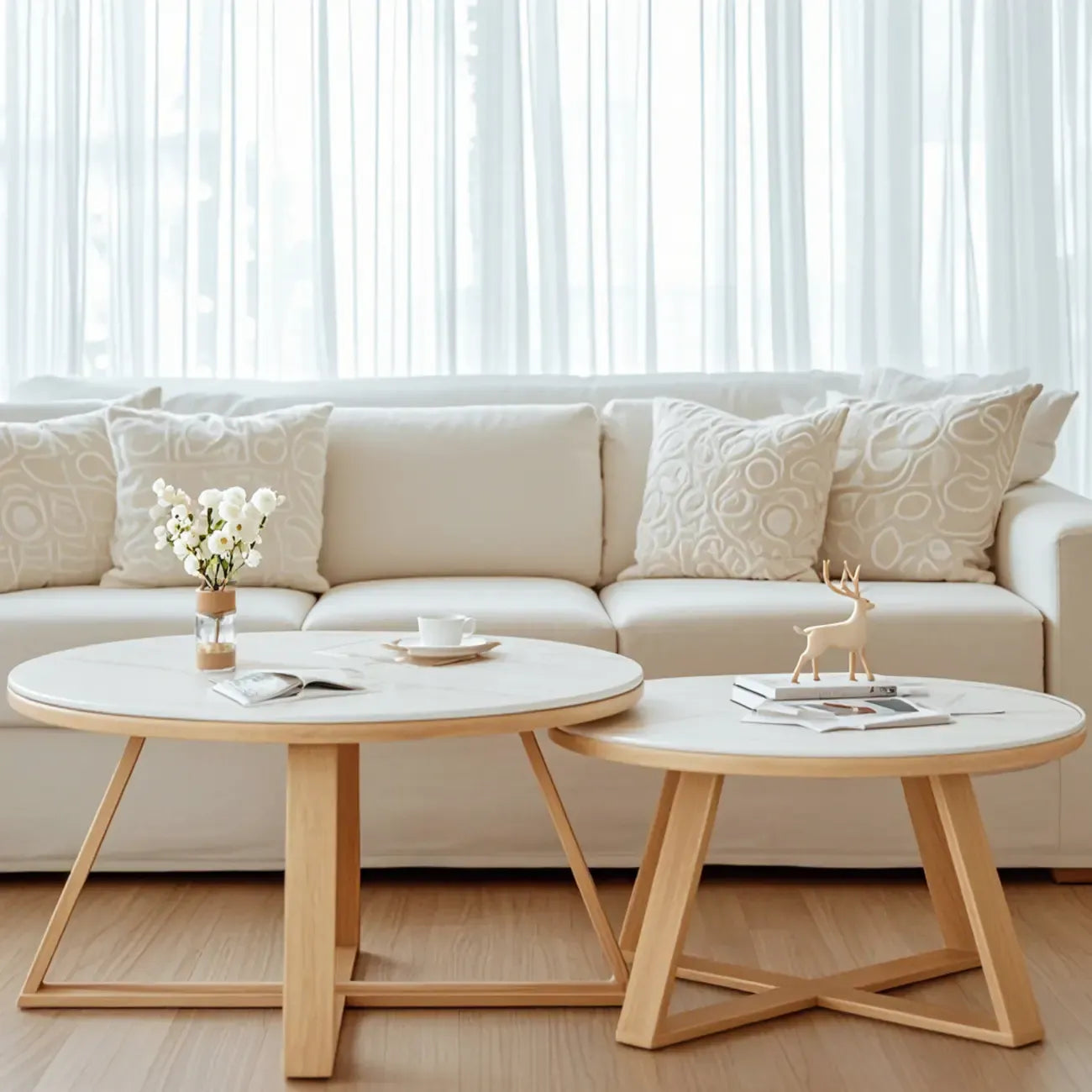 Modern Marble Round 2 Nesting Coffee Table Set with Wood Base