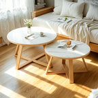 Modern Marble Round 2 Nesting Coffee Table Set with Wood Base