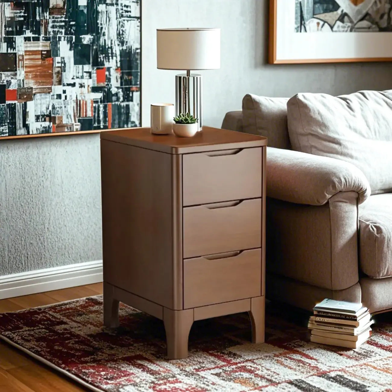 Natural Wooden Narrow Corner Bedside Table with 3 Drawers