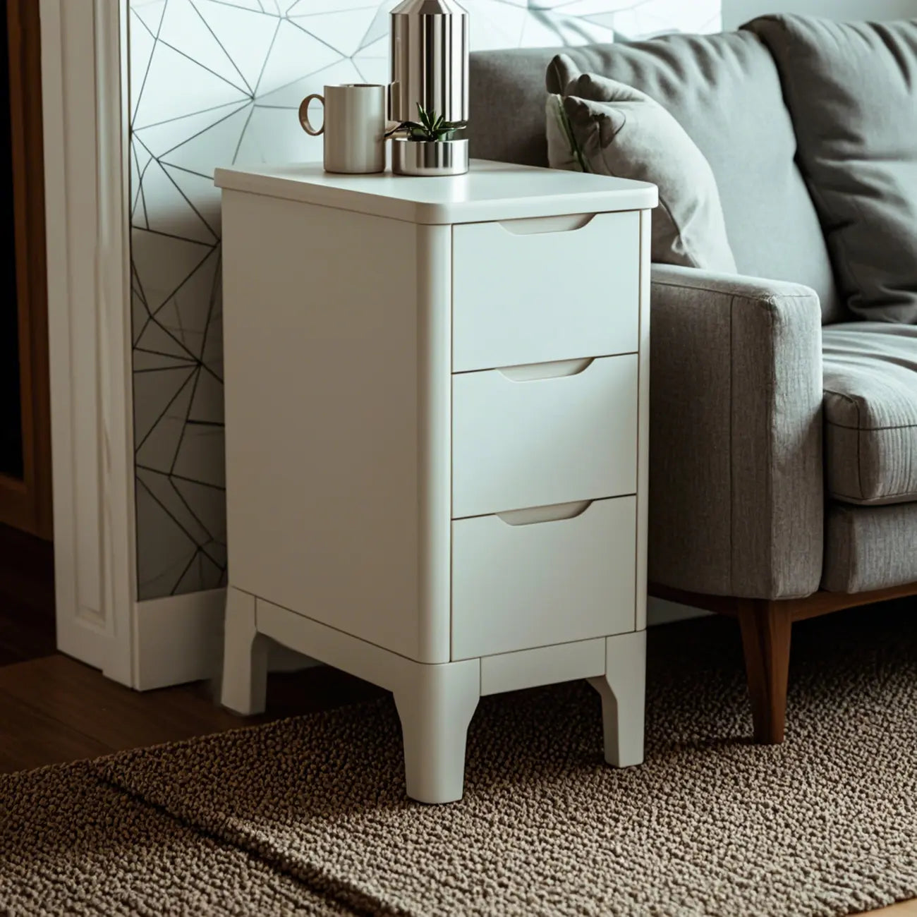 Natural Wooden Narrow Corner Bedside Table with 3 Drawers