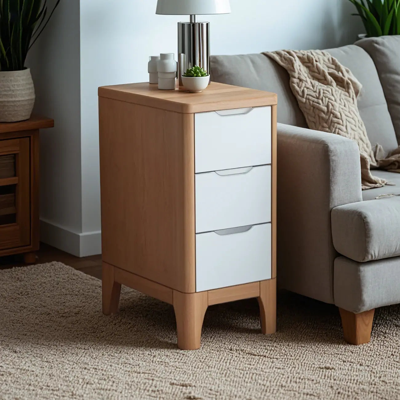 Natural Wooden Narrow Corner Bedside Table with 3 Drawers