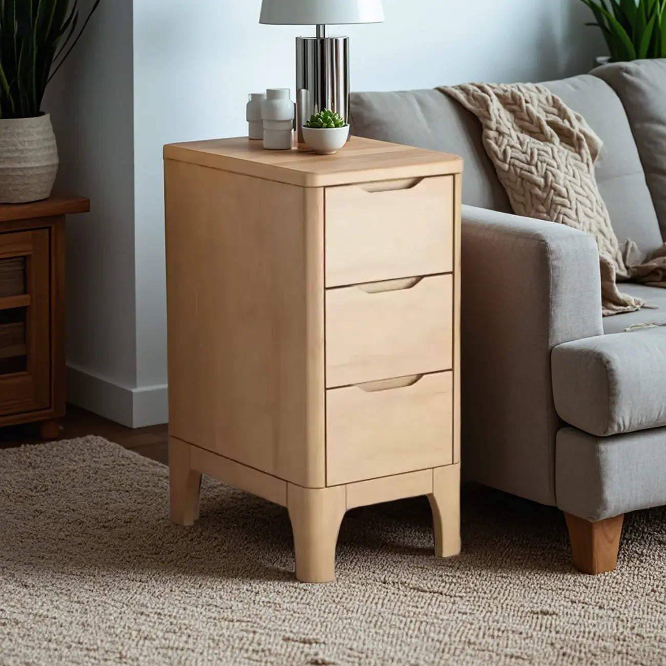 Natural Wooden Narrow Corner Bedside Table with 3 Drawers
