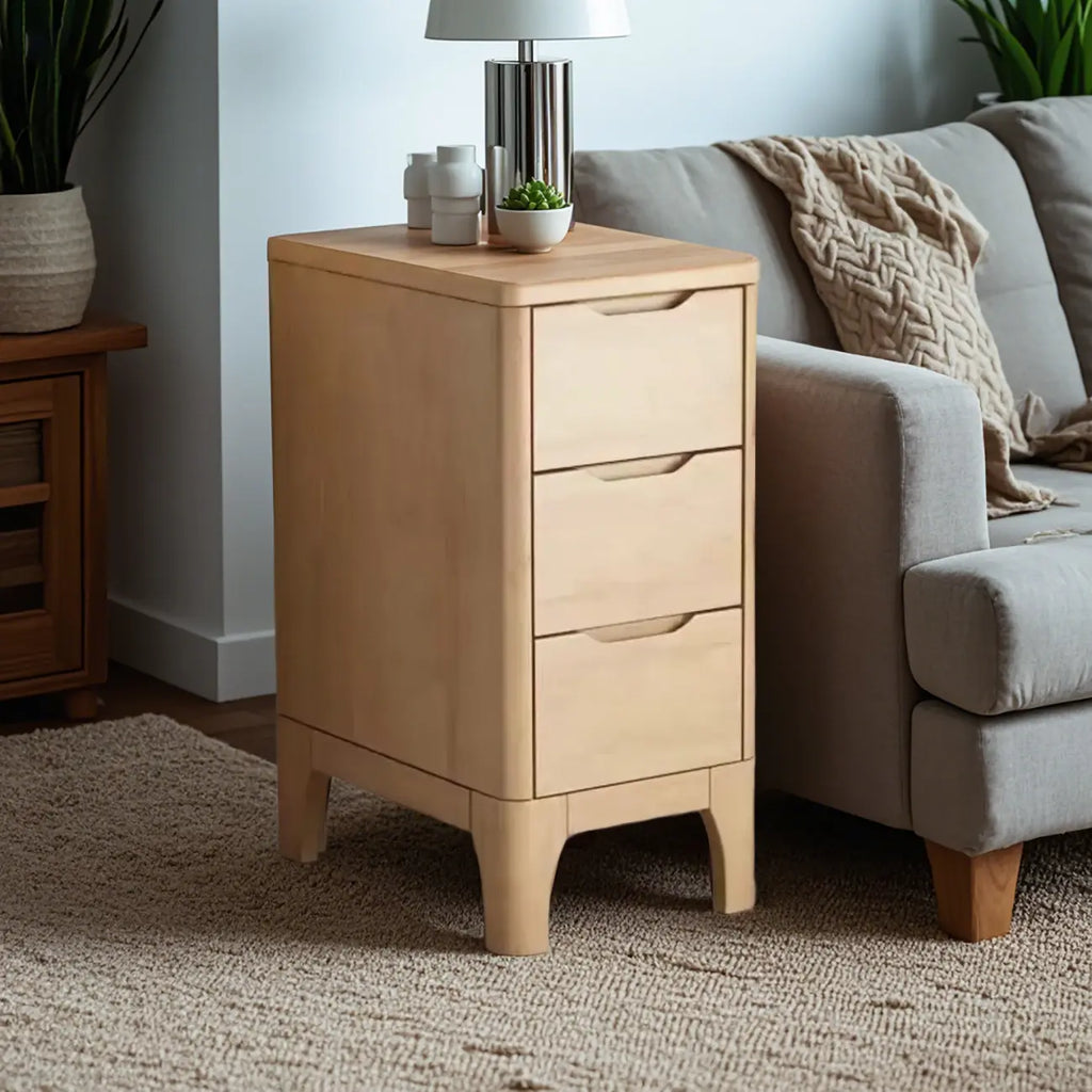 Natural Wooden Narrow Corner Bedside Table with 3 Drawers
