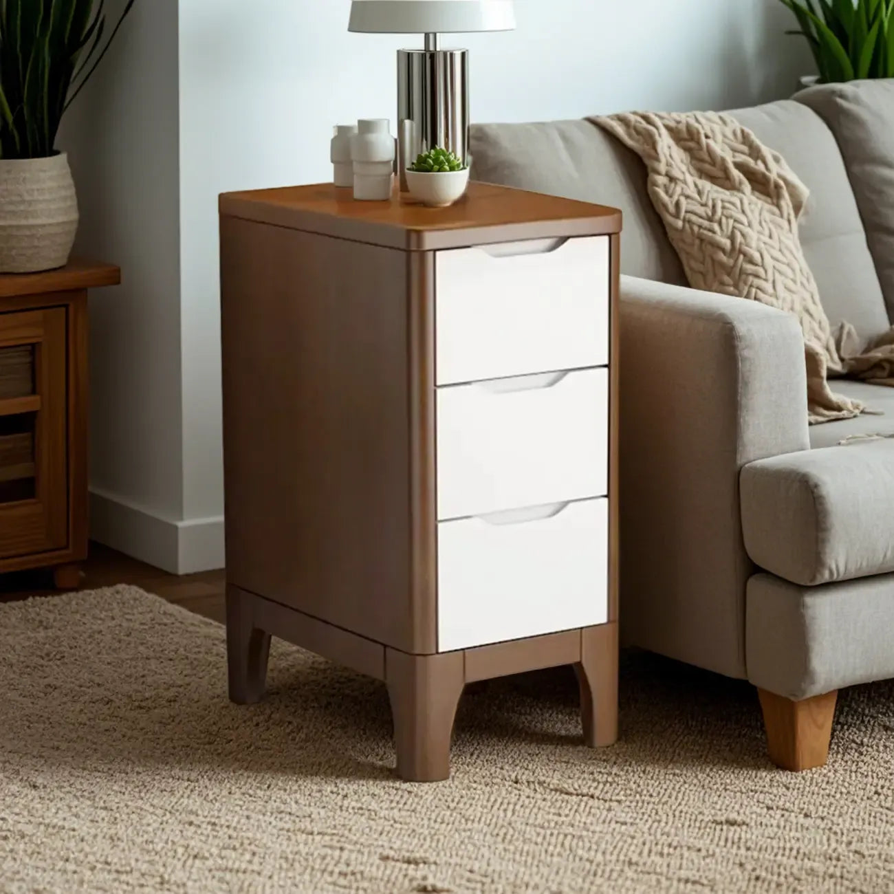 Natural Wooden Narrow Corner Bedside Table with 3 Drawers