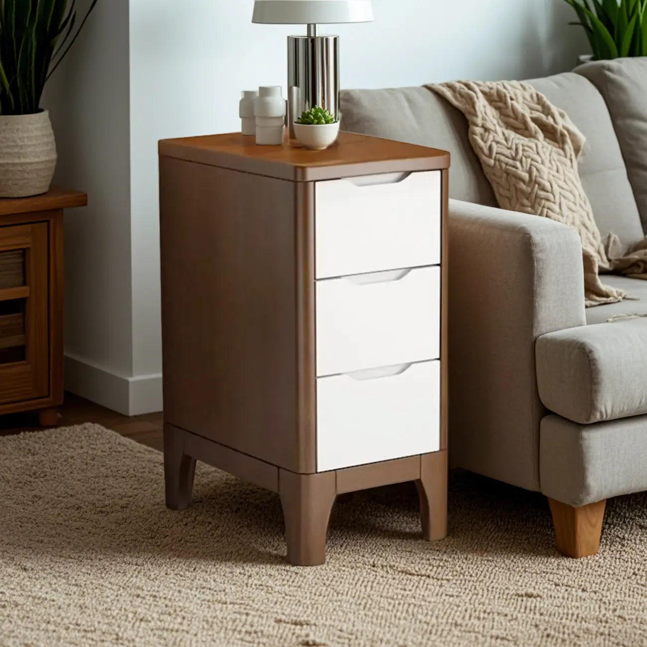 Natural Wooden Narrow Corner Bedside Table with 3 Drawers