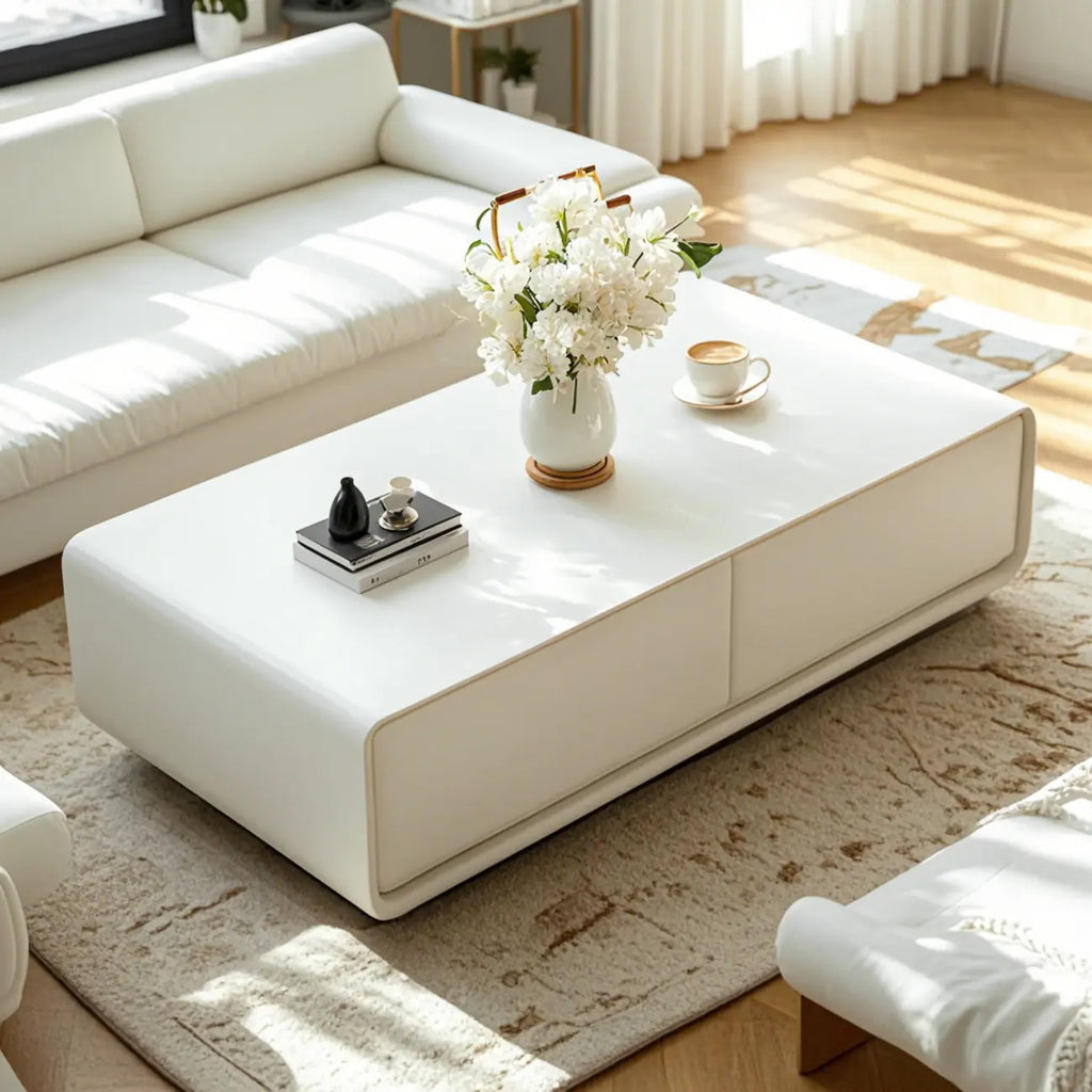 Chic Minimalist Rectangular White Coffee Table with 4 Drawers