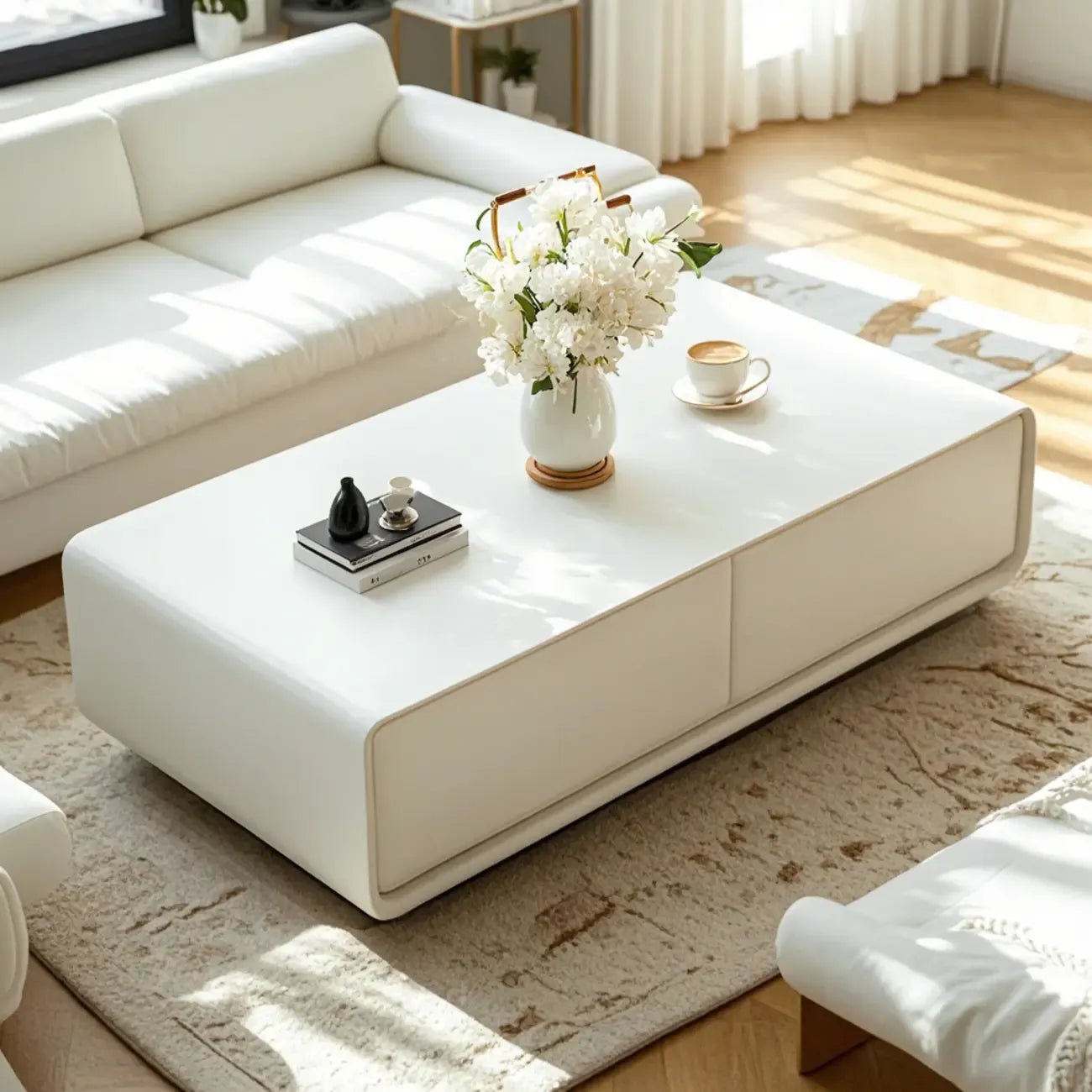 Chic Minimalist Rectangular White Coffee Table with 4 Drawers