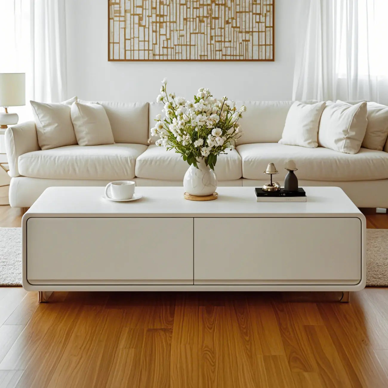 Chic Minimalist Rectangular White Coffee Table with 4 Drawers