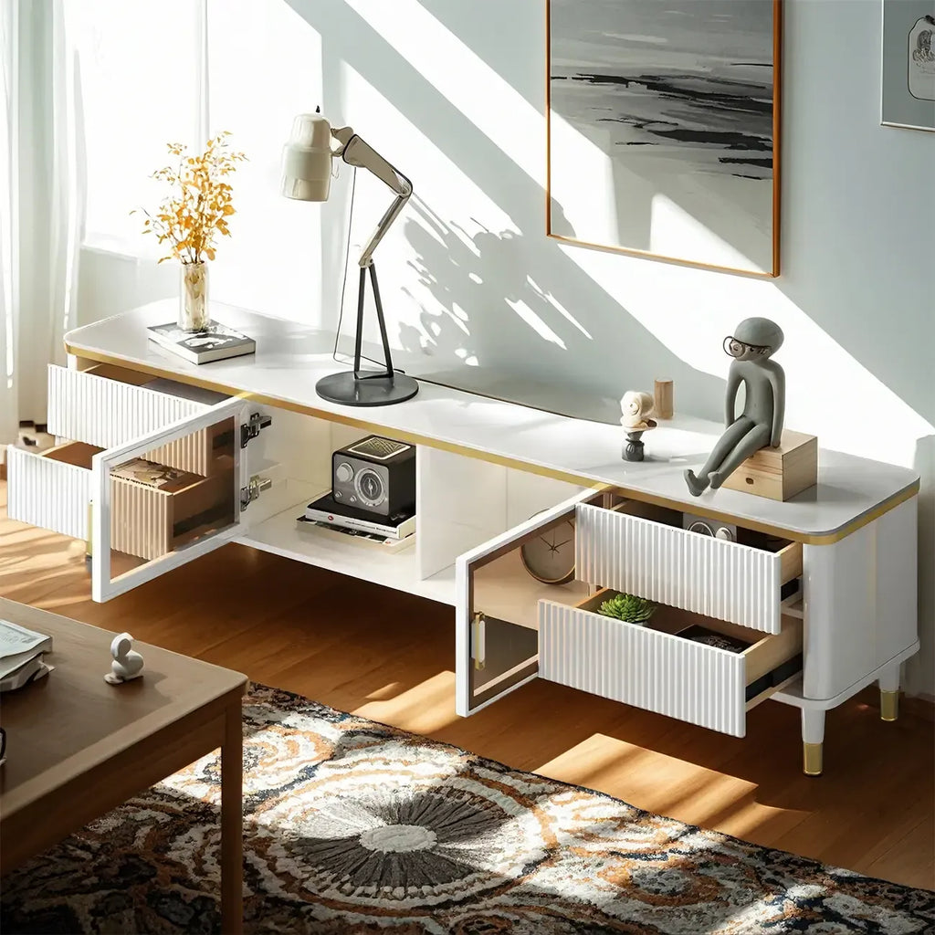 63 White Modern Stone Cable Management TV Stand with Storage