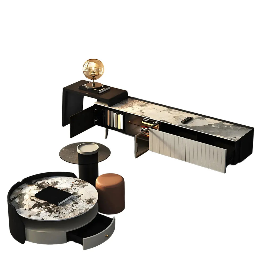 71 Black Stone Side Extension Storage TV Stand with Drawers