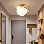Circular Glass Ball Natural Wood Semi Flush Ceiling Light
