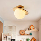 Circular Glass Ball Natural Wood Semi Flush Ceiling Light