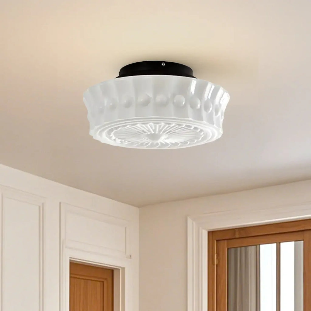 Beige Round Glass Vintage Semi Flush Ceiling Light
