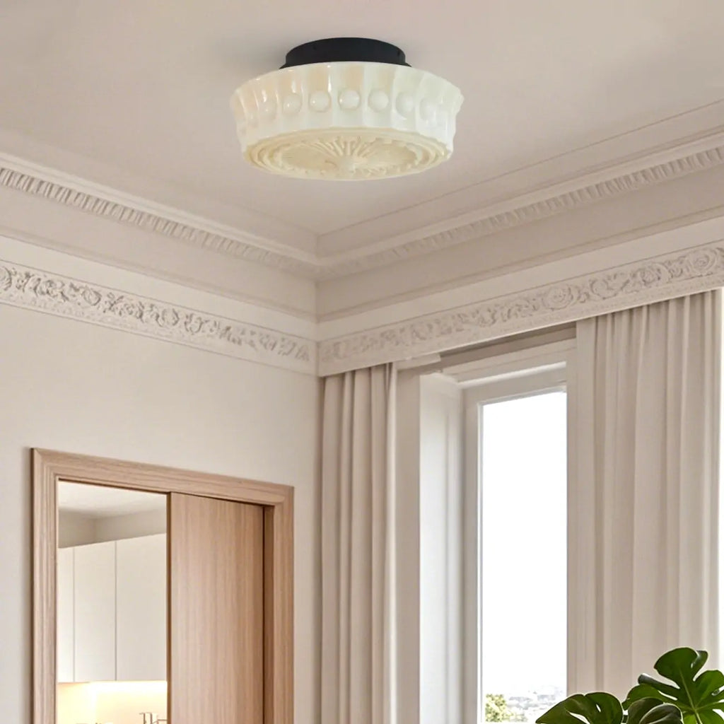 Beige Round Glass Vintage Semi Flush Ceiling Light
