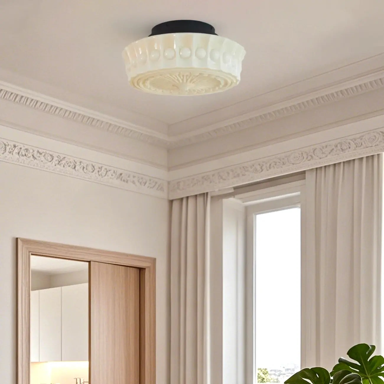 Beige Round Glass Vintage Semi Flush Ceiling Light