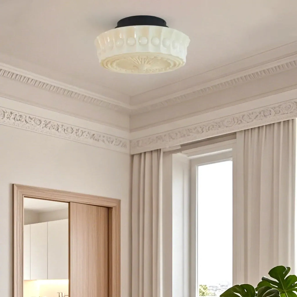 Beige Round Glass Vintage Semi Flush Ceiling Light