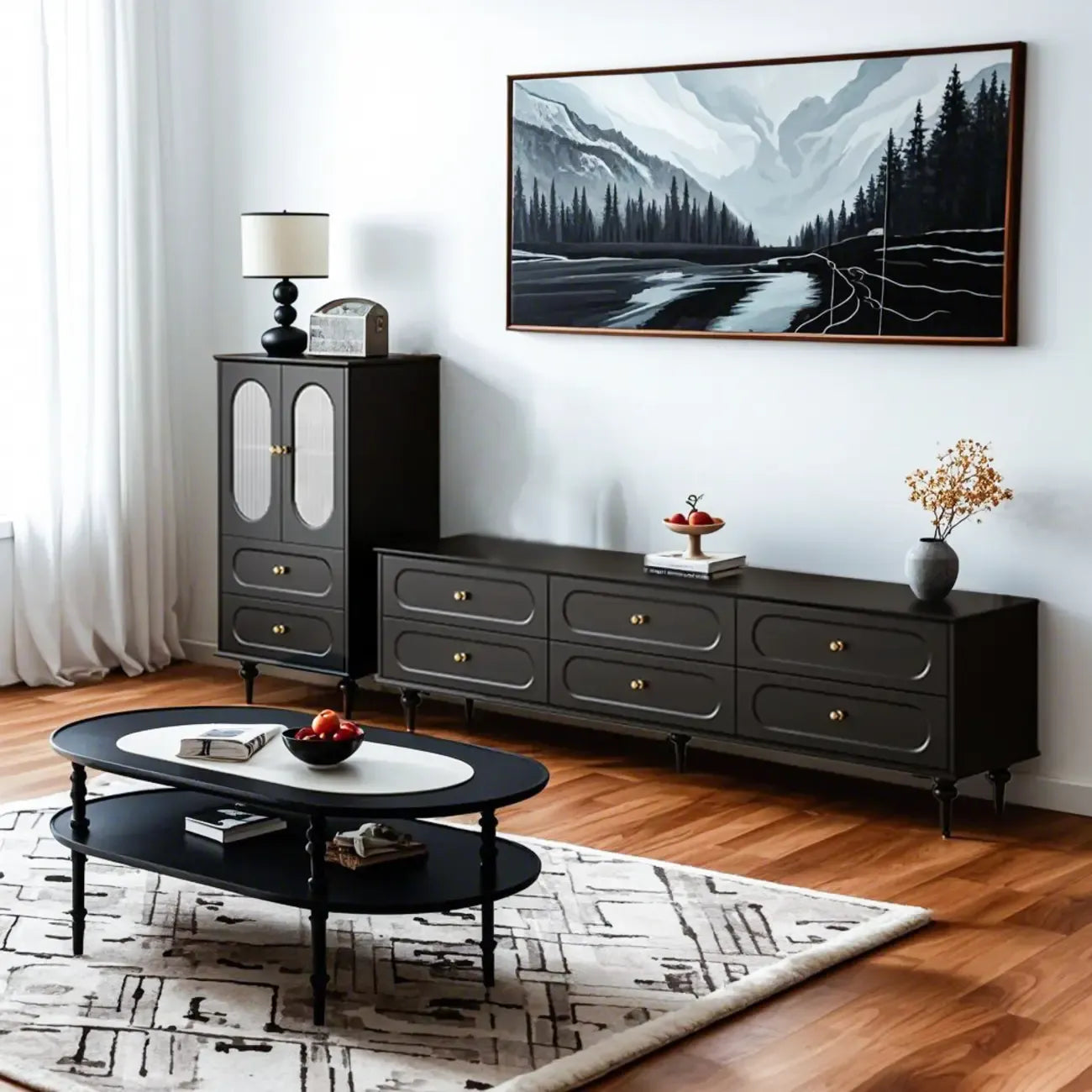 Elegant Black Wooden Accent Cabinet with Drawers & Doors