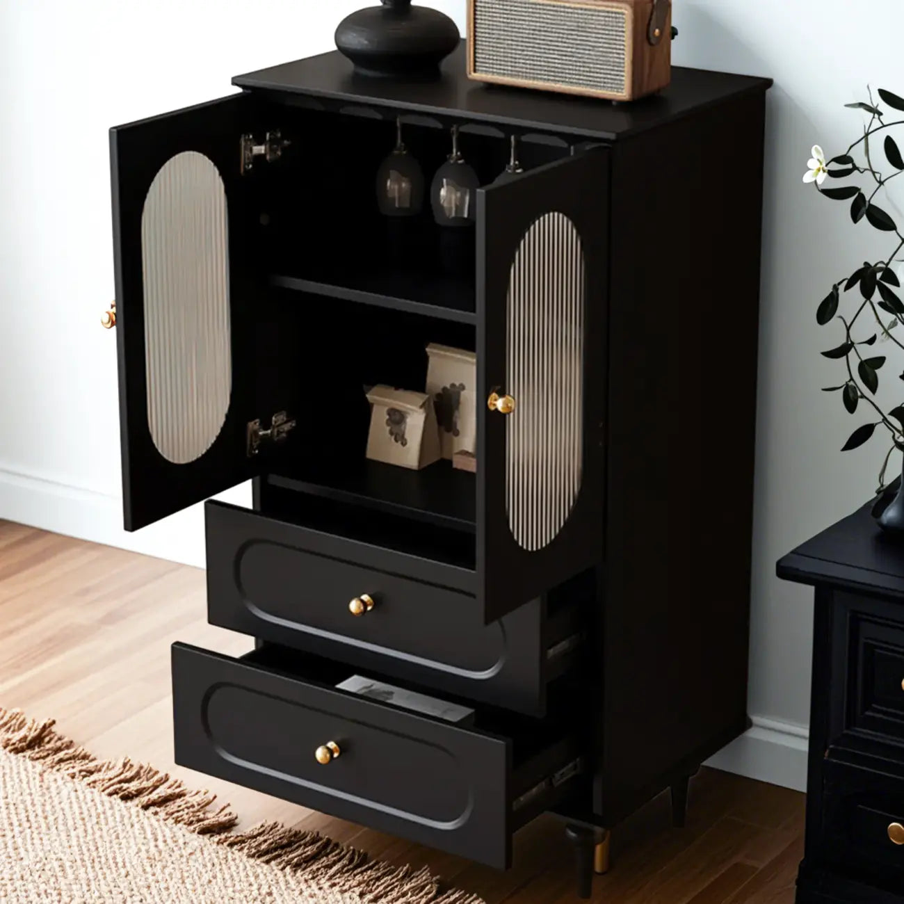 Elegant Black Wooden Accent Cabinet with Drawers & Doors