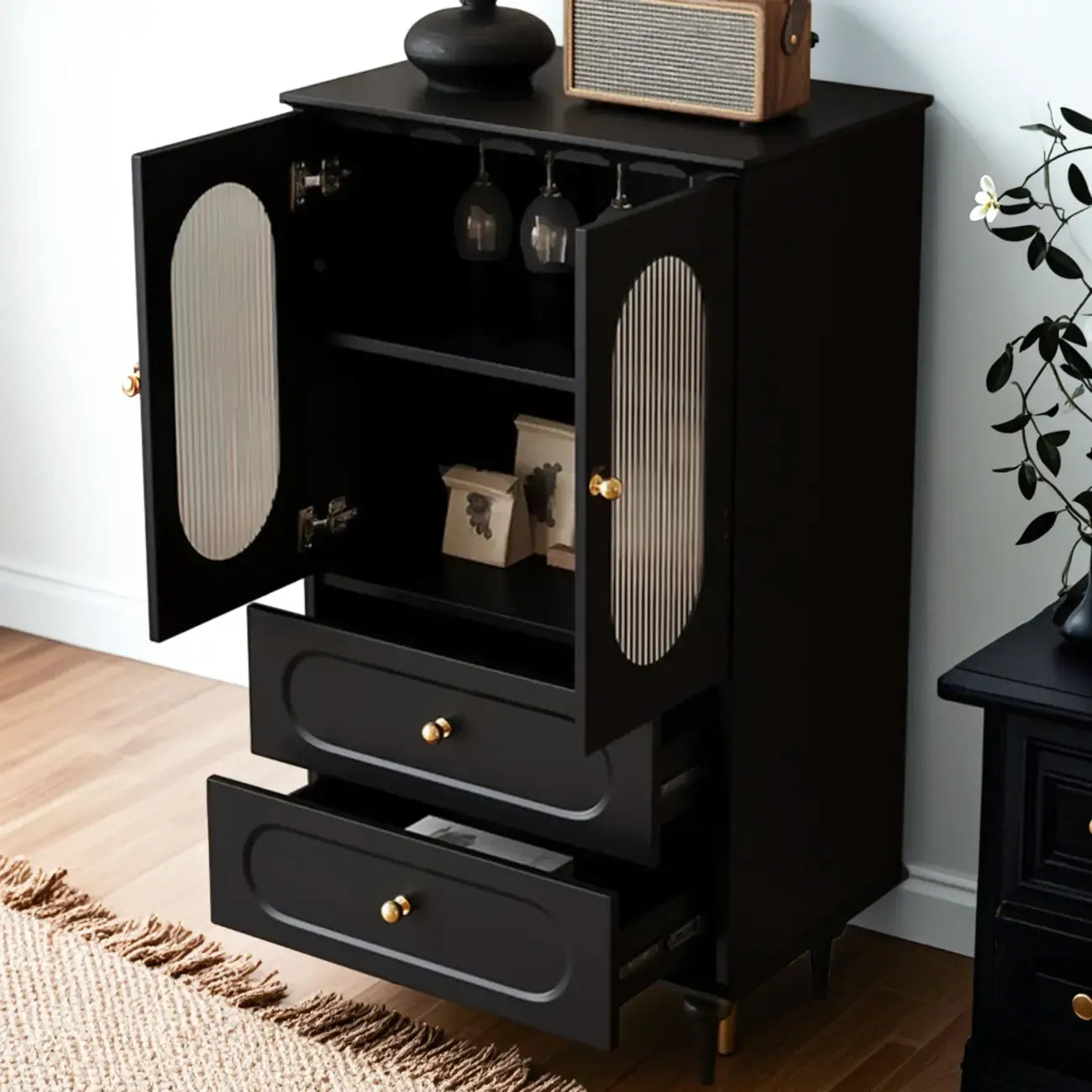 Elegant Black Wooden Accent Cabinet with Drawers & Doors