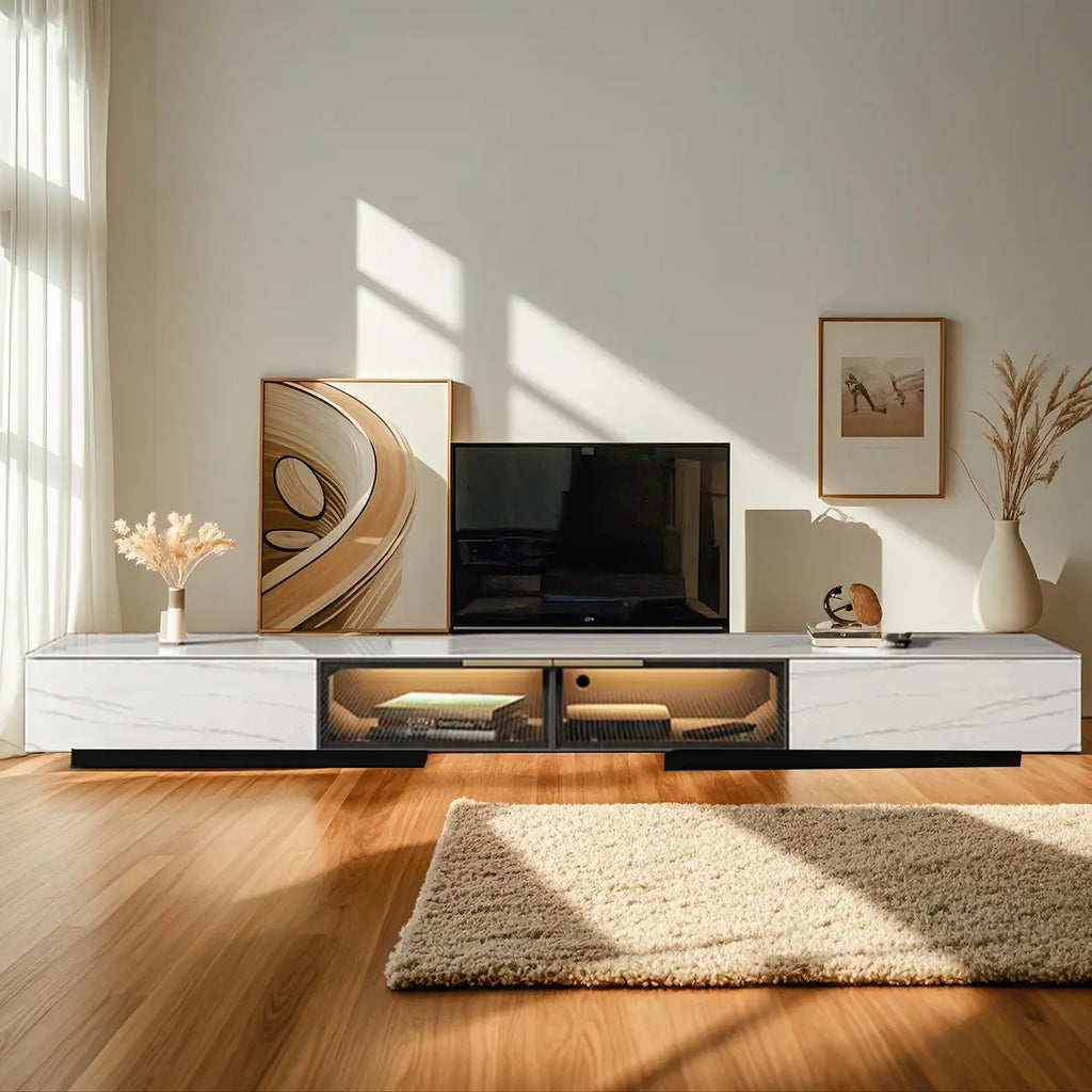 Black Modern Stone Rectangle Drawers TV Stand with LED Lights