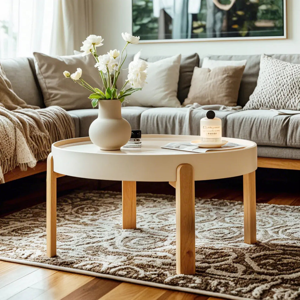 Minimalistic Beige Wood Round Coffee Table with Tray Top