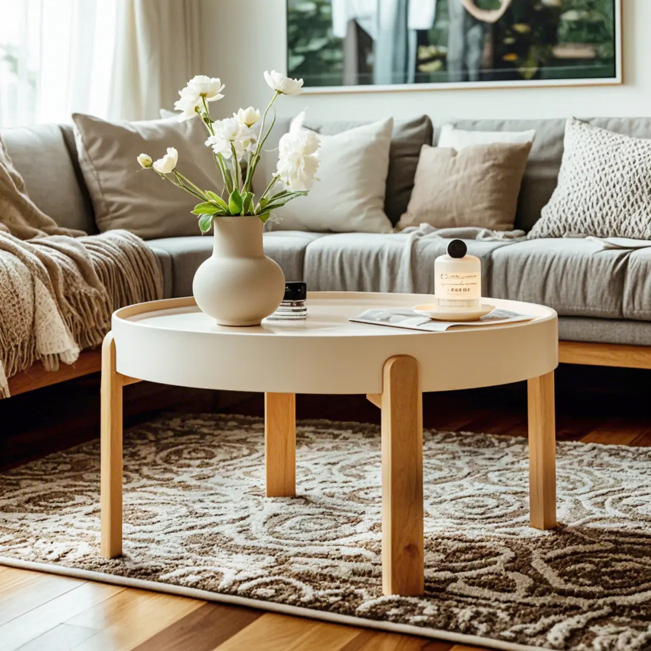 Minimalistic Beige Wood Round Coffee Table with Tray Top