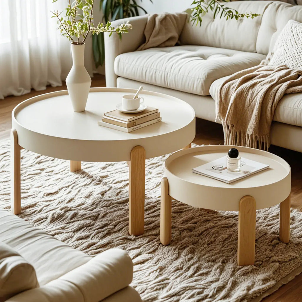 Minimalistic Beige Wood Round Coffee Table with Tray Top