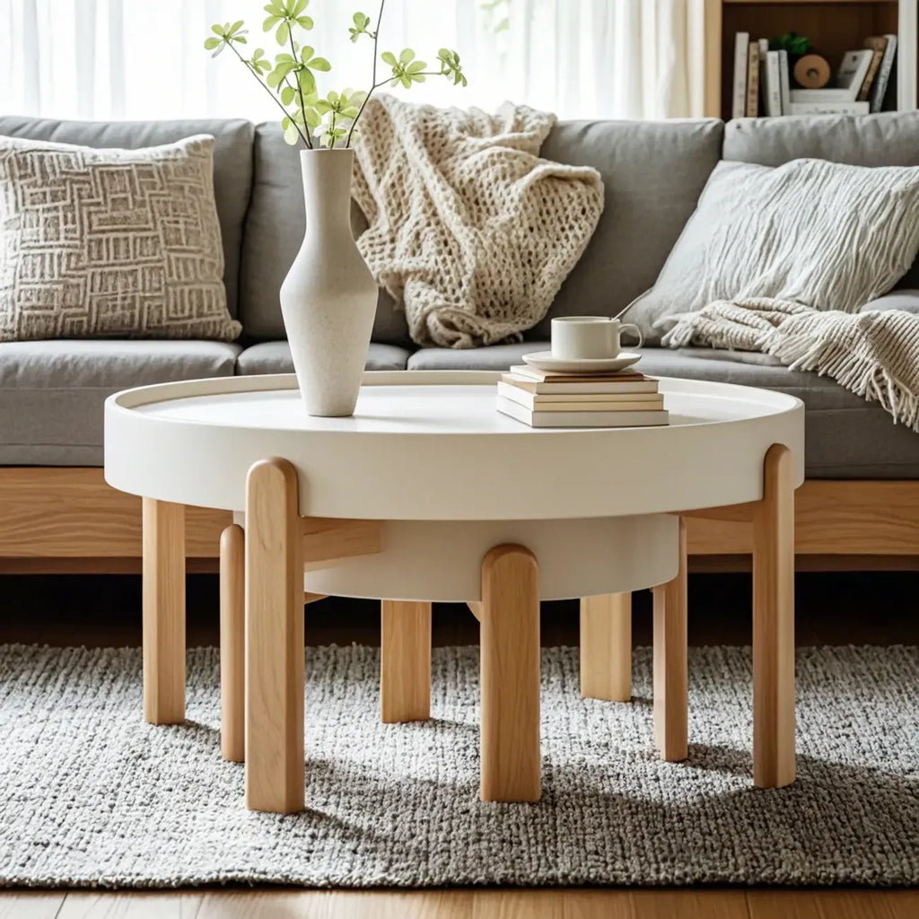 Minimalistic Beige Wood Round Coffee Table with Tray Top