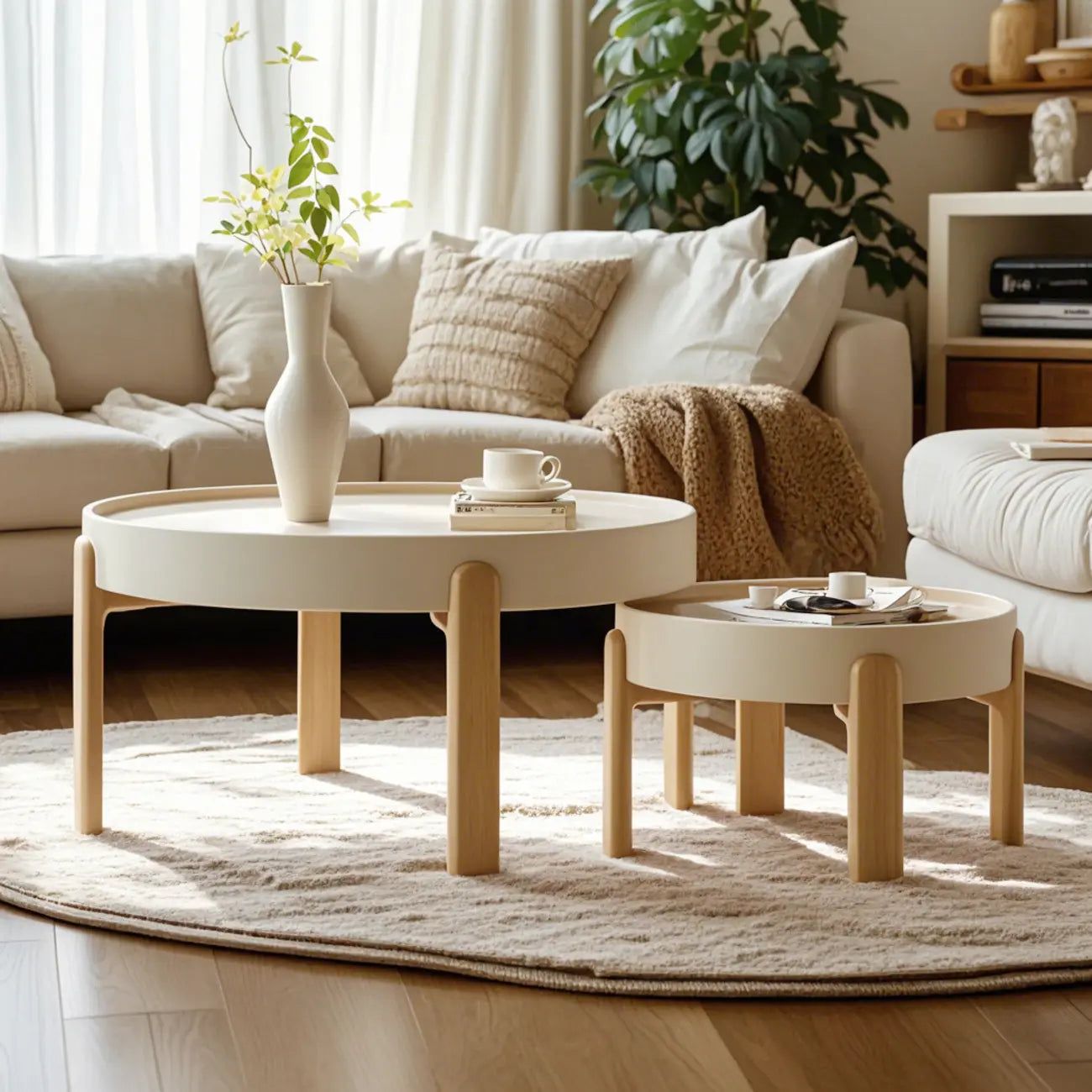 Minimalistic Beige Wood Round Coffee Table with Tray Top
