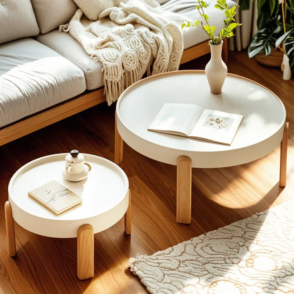 Minimalistic Beige Wood Round Coffee Table with Tray Top