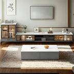 71 Modern Grey Stone Open Shelf TV Stand with Glass Doors