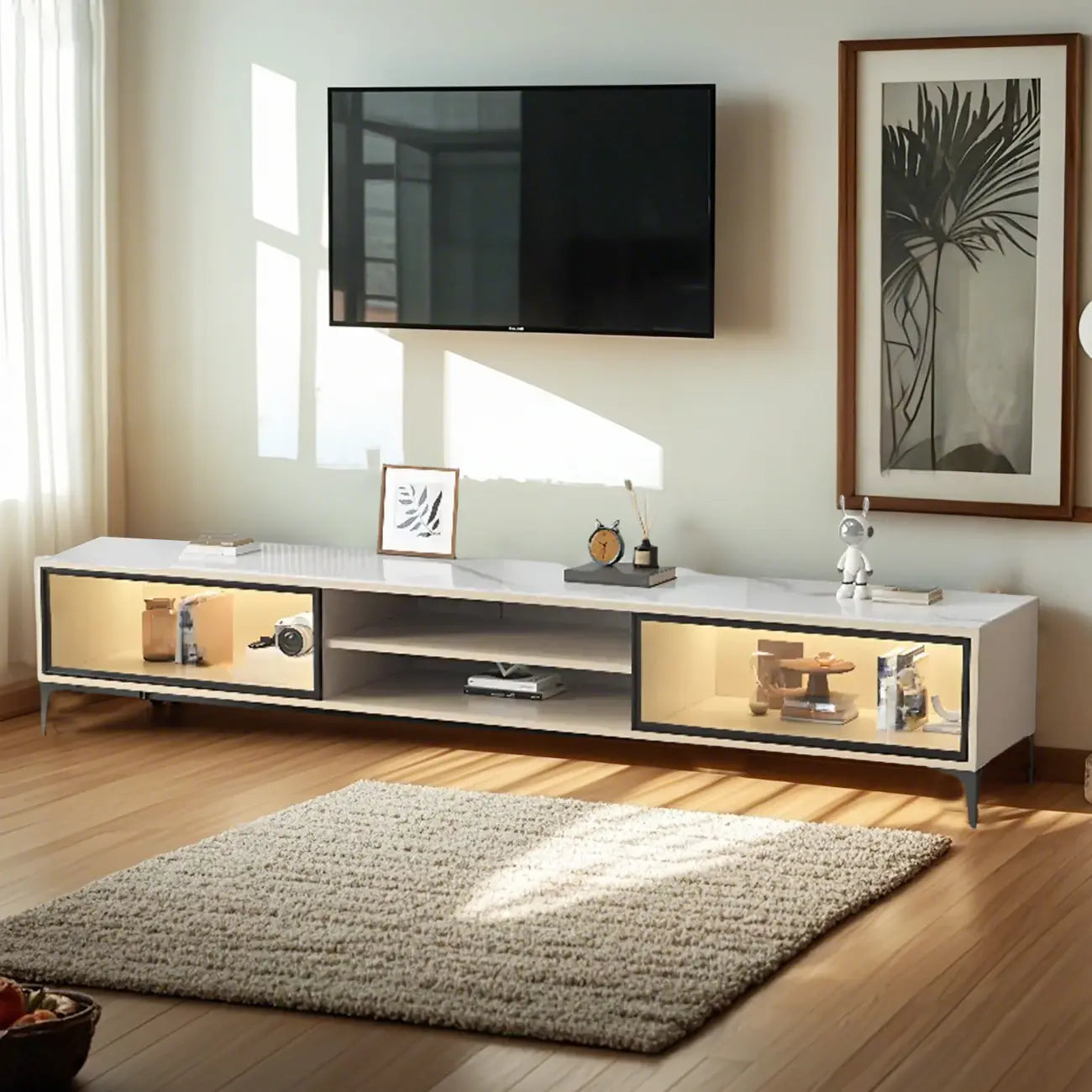 71 Modern Grey Stone Open Shelf TV Stand with Glass Doors