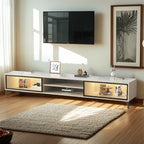 71 Modern Grey Stone Open Shelf TV Stand with Glass Doors