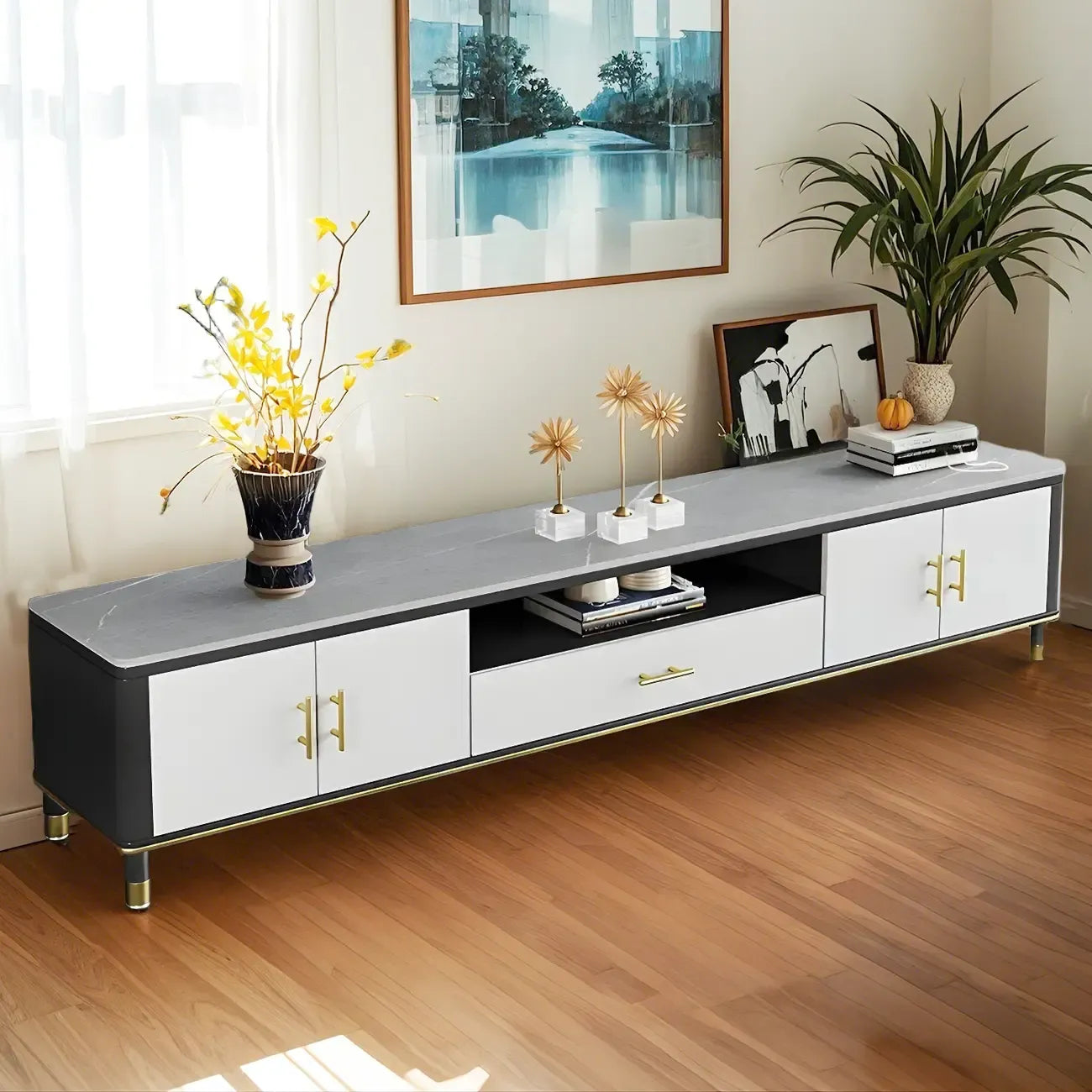 63 Contemporary Grey Stone Cabinet TV Stand with Open Shelf