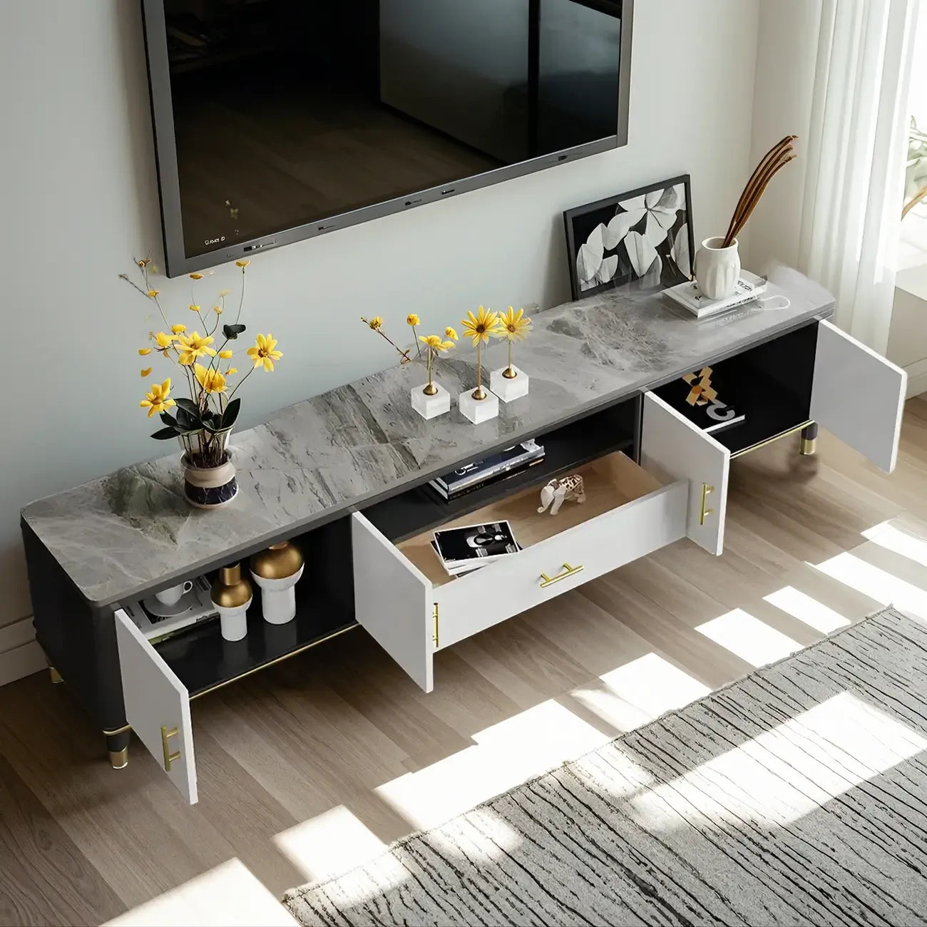 63 Contemporary Grey Stone Cabinet TV Stand with Open Shelf