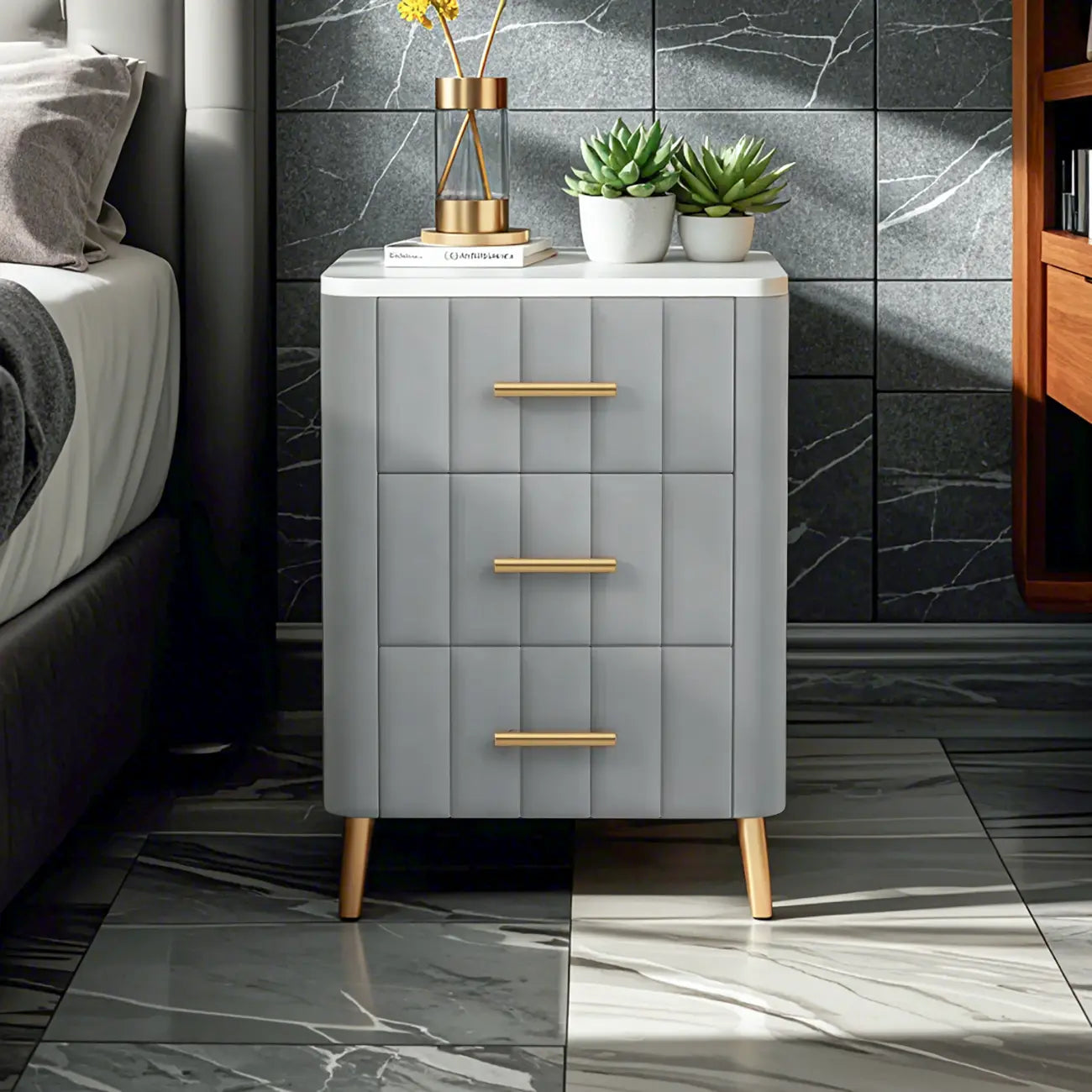 Glam Pink Leather Bedside Table with Marble Top 3 Drawers