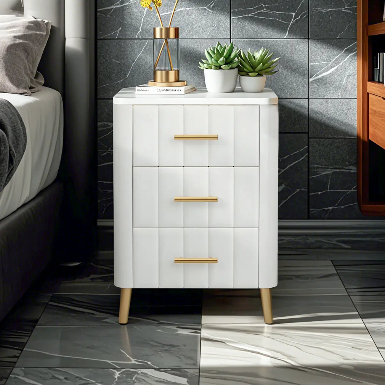 Glam Pink Leather Bedside Table with Marble Top 3 Drawers