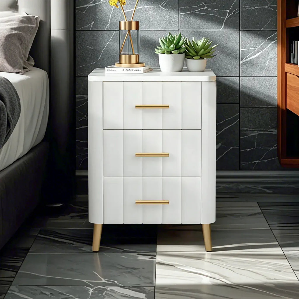 Glam Pink Leather Bedside Table with Marble Top 3 Drawers
