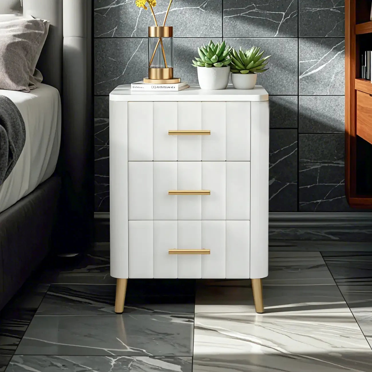 Glam Pink Leather Bedside Table with Marble Top 3 Drawers