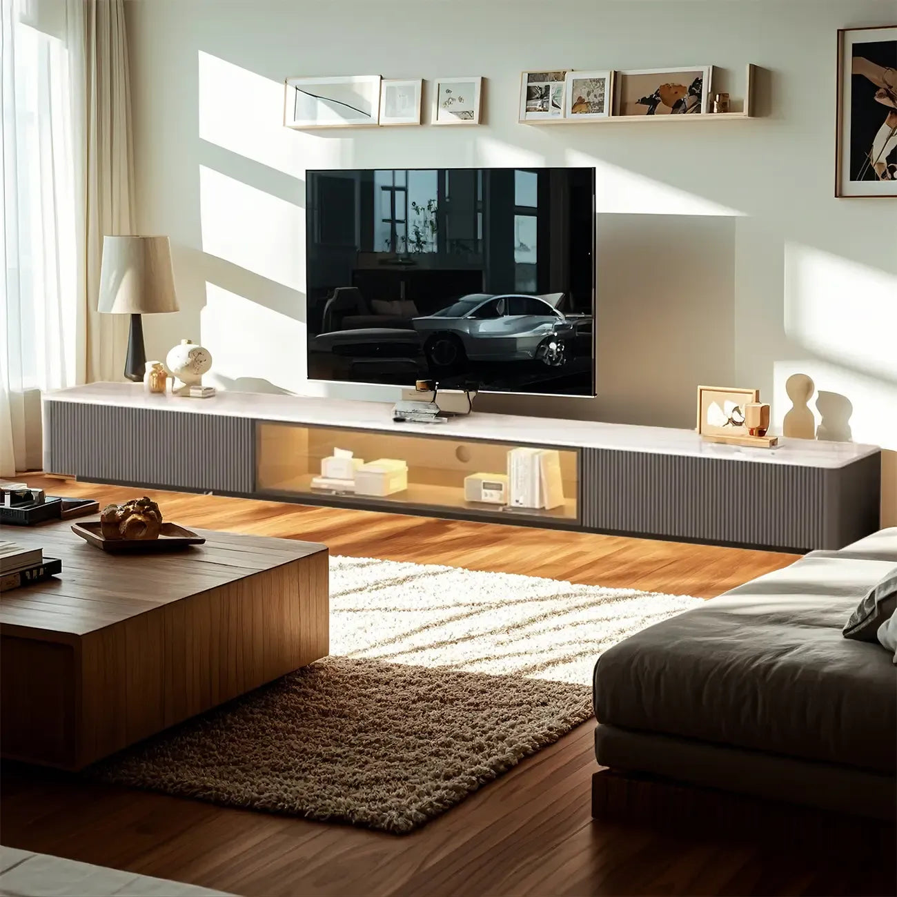63 Champagne Long Stone TV Stand with Cable Management
