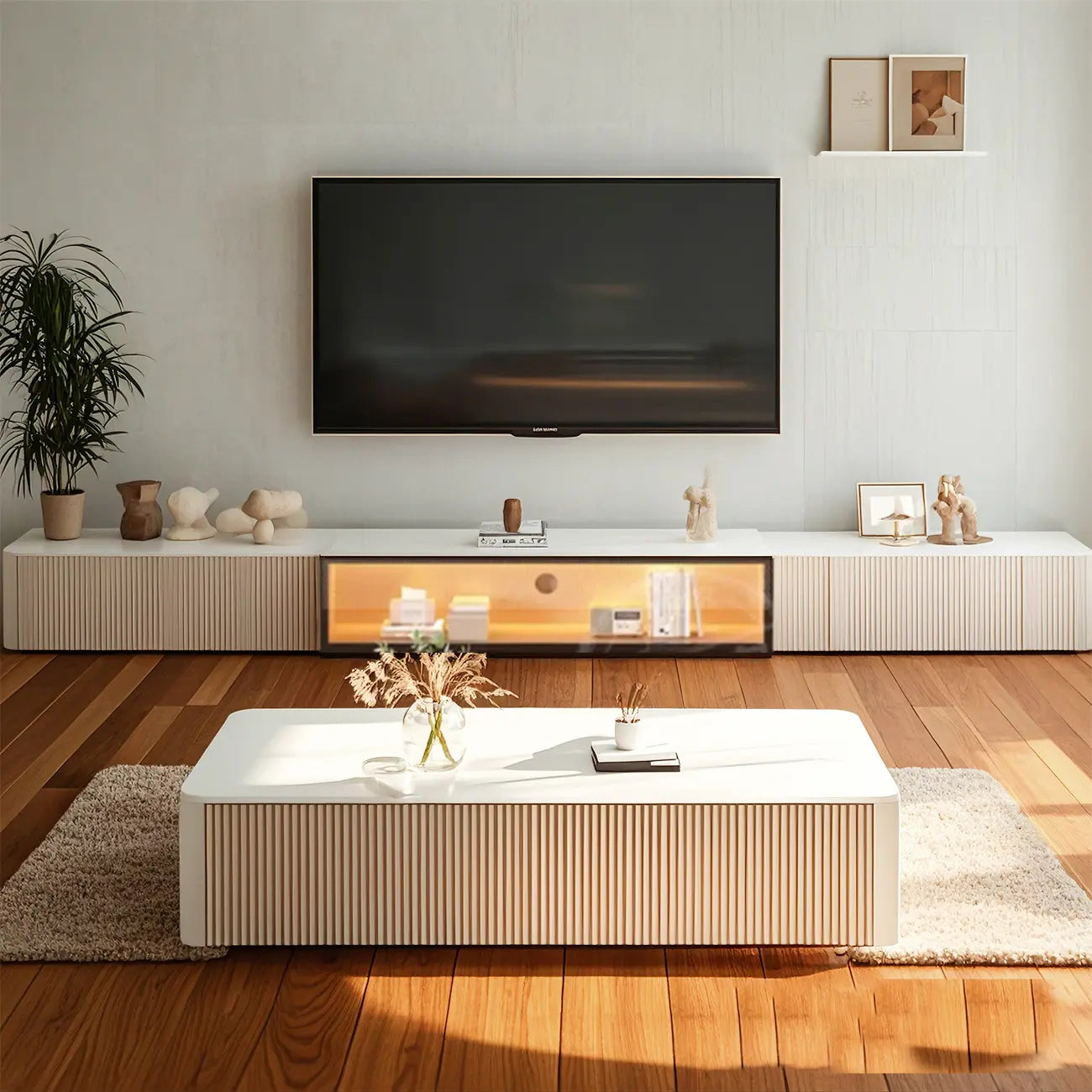 63 Champagne Long Stone TV Stand with Cable Management